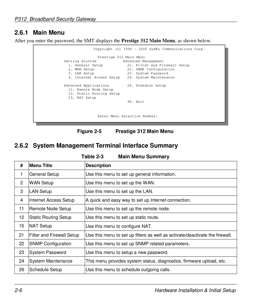 ZyXEL Communications P-312 System Management Terminal Interface Summary, Prestige 312 Main Menu, Main Menu Summary 