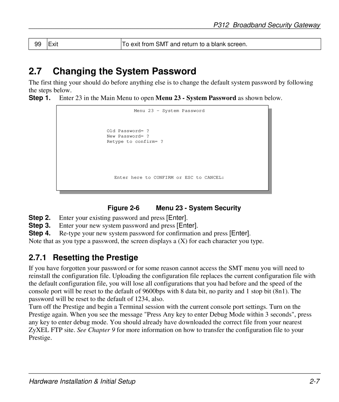 ZyXEL Communications P-312 manual Changing the System Password, Resetting the Prestige 