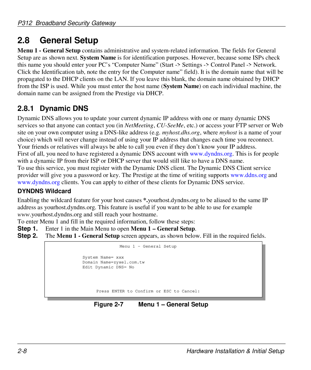 ZyXEL Communications P-312 manual General Setup, Dynamic DNS, Dyndns Wildcard 