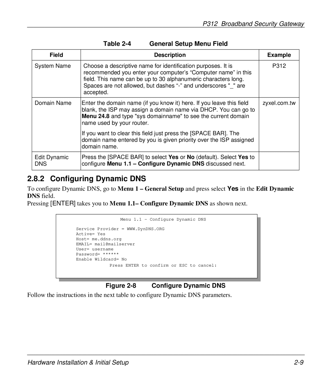 ZyXEL Communications P-312 manual Configuring Dynamic DNS, General Setup Menu Field, Field Description Example, Dns 