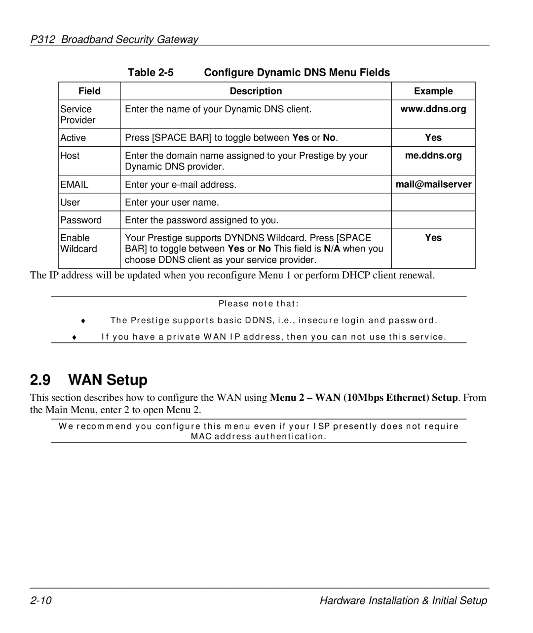 ZyXEL Communications P-312 manual WAN Setup, Configure Dynamic DNS Menu Fields, Yes, Me.ddns.org 