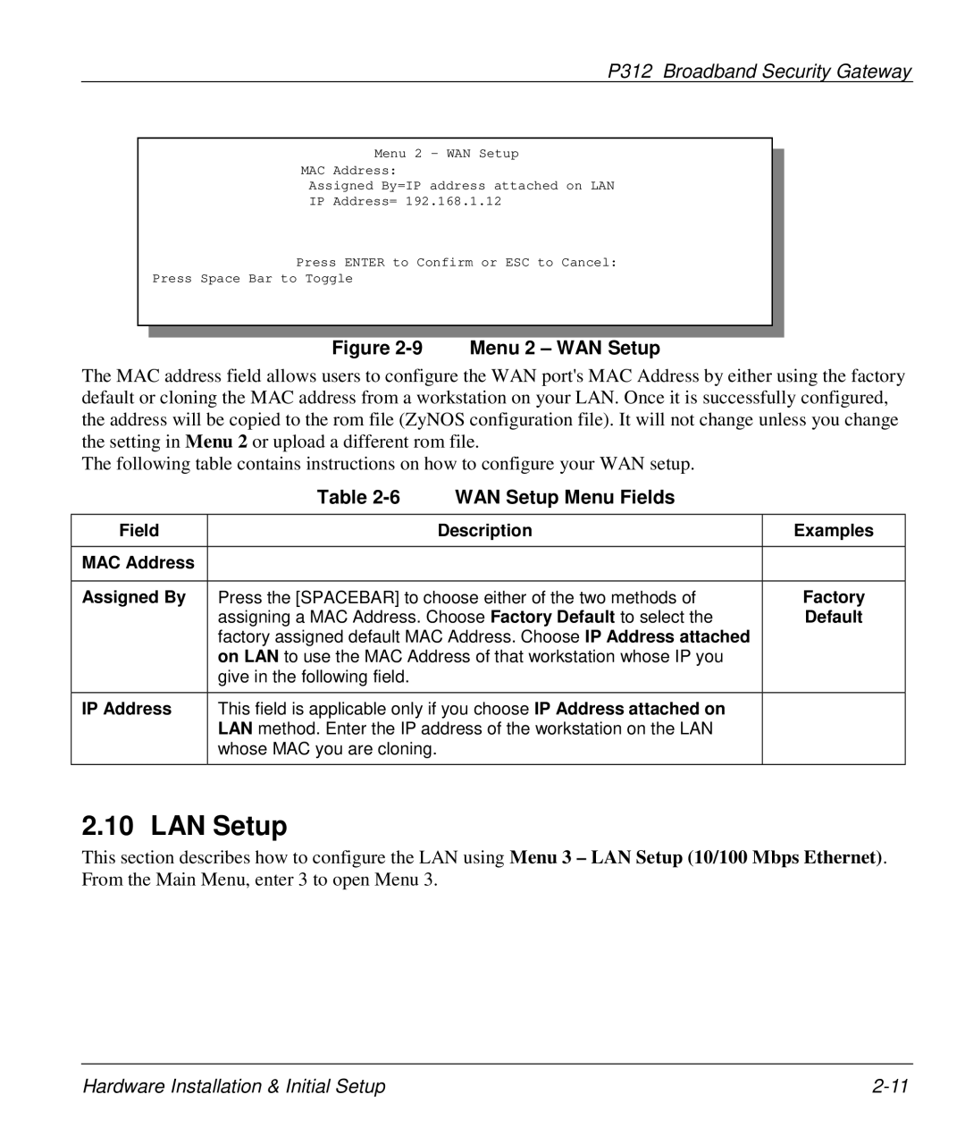 ZyXEL Communications P-312 manual LAN Setup, WAN Setup Menu Fields 