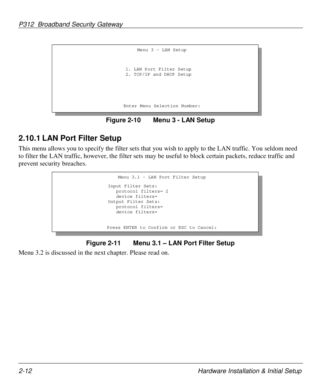 ZyXEL Communications P-312 manual LAN Port Filter Setup, Menu 3 LAN Setup 