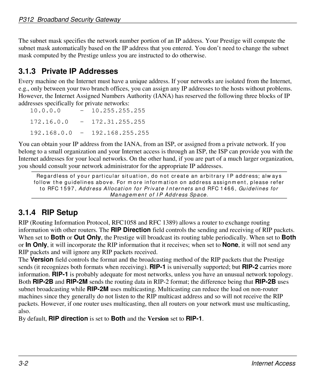 ZyXEL Communications P-312 manual Private IP Addresses, RIP Setup 