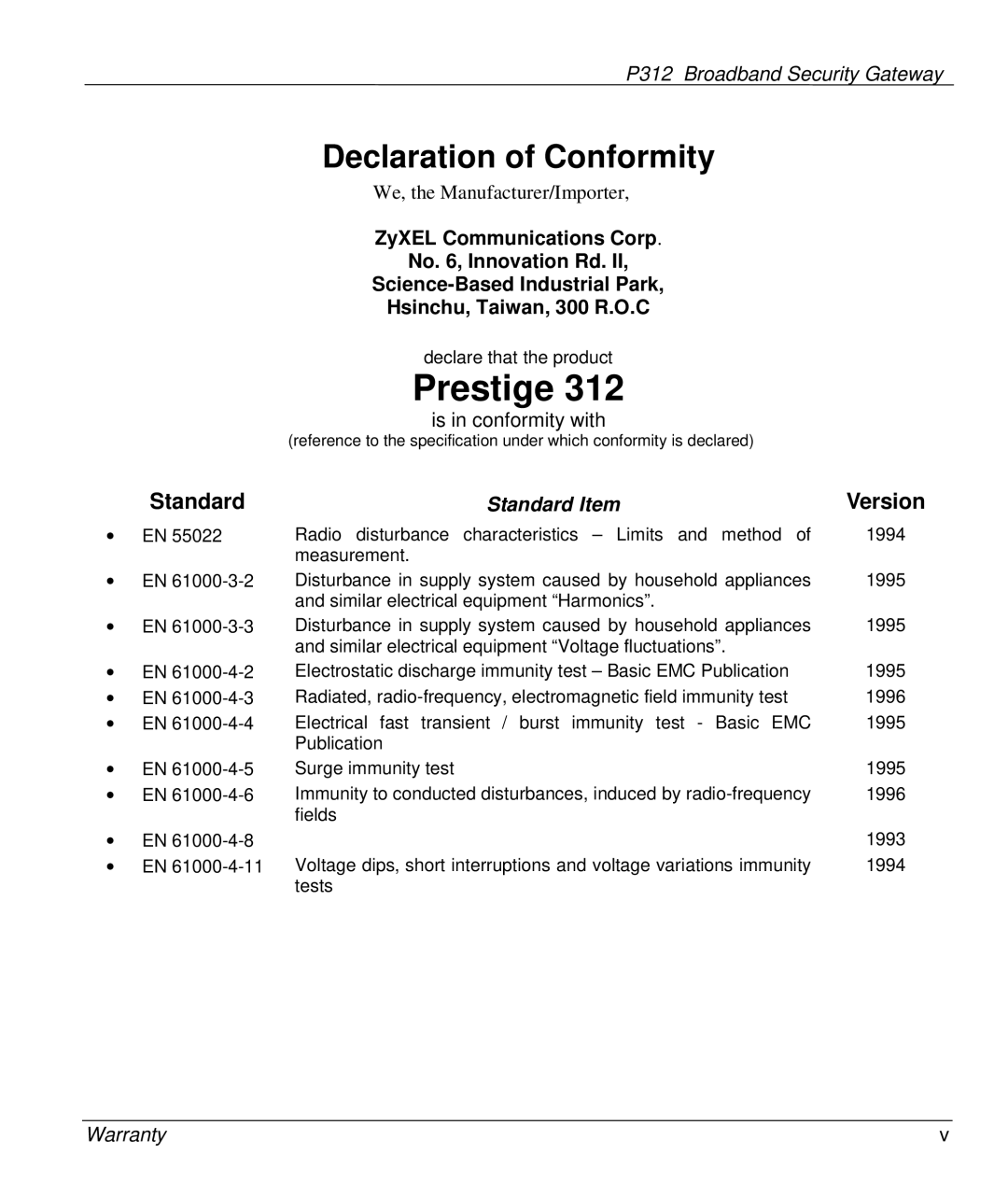 ZyXEL Communications P-312 manual Declaration of Conformity, Version 