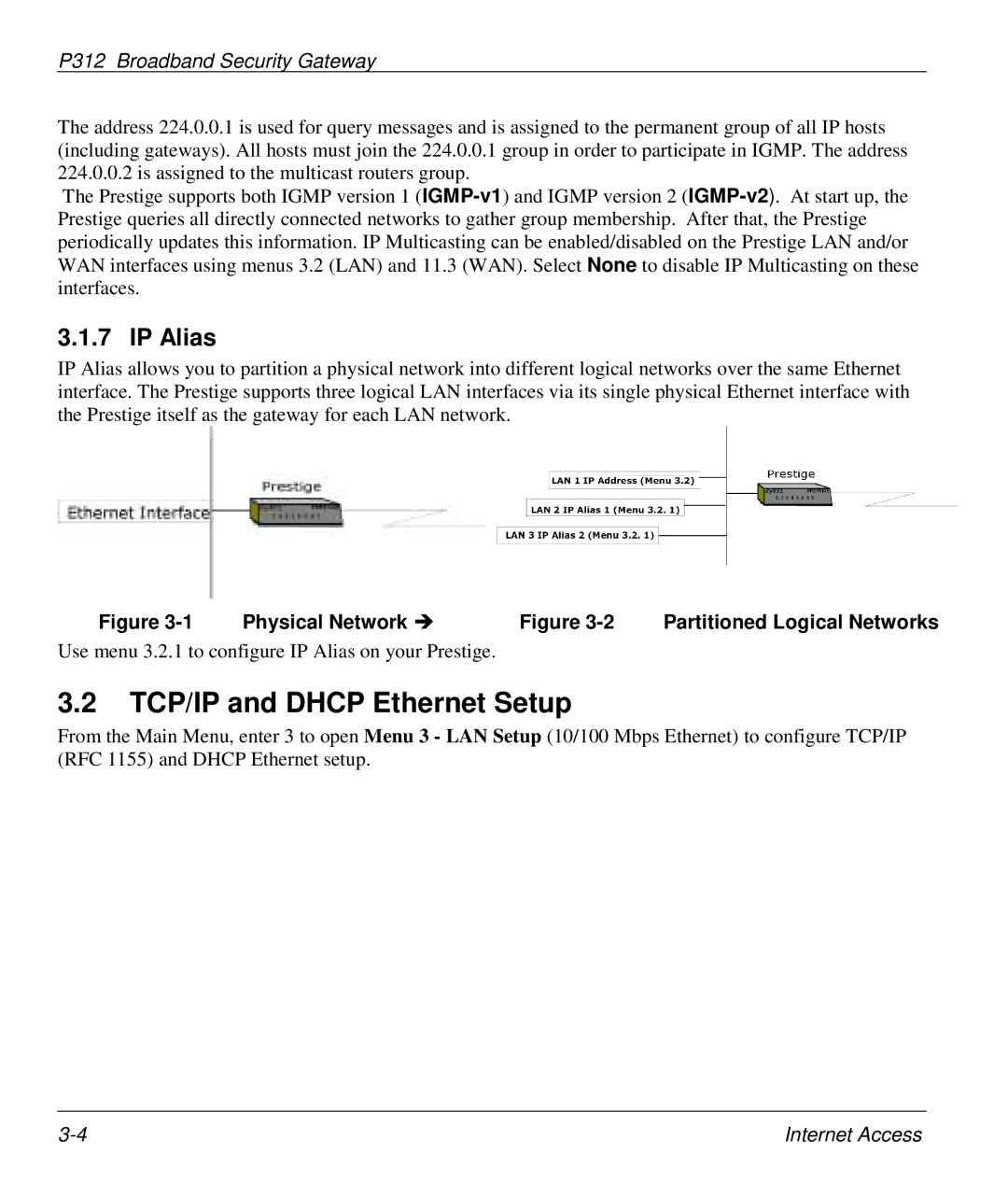 ZyXEL Communications P-312 manual TCP/IP and Dhcp Ethernet Setup, IP Alias, Physical Network Partitioned Logical Networks 