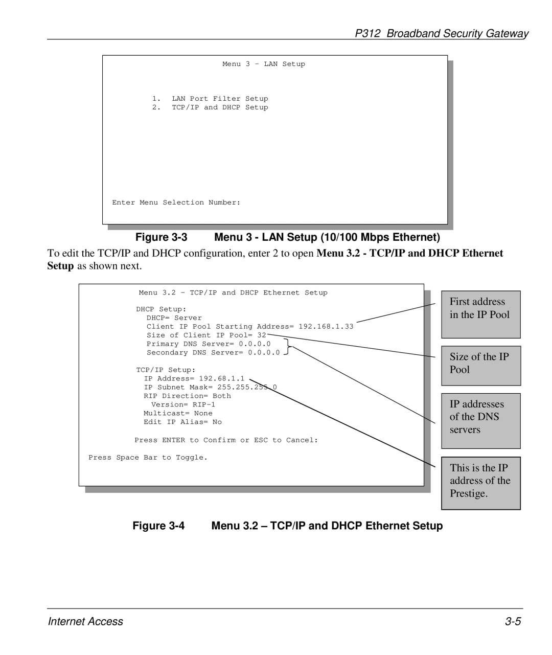 ZyXEL Communications P-312 manual Menu 3 LAN Setup 10/100 Mbps Ethernet 