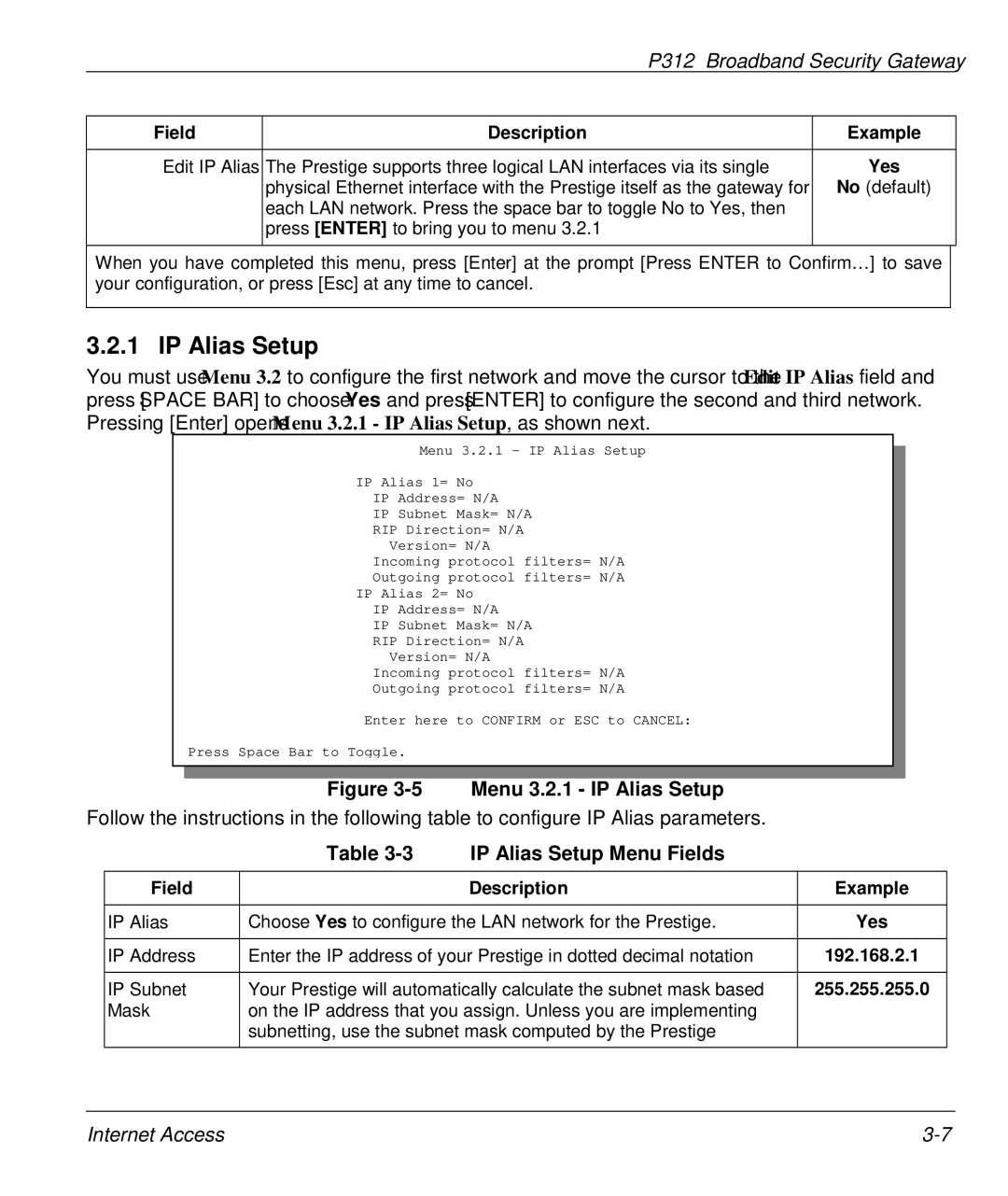 ZyXEL Communications P-312 manual Menu 3.2.1 IP Alias Setup, IP Alias Setup Menu Fields 