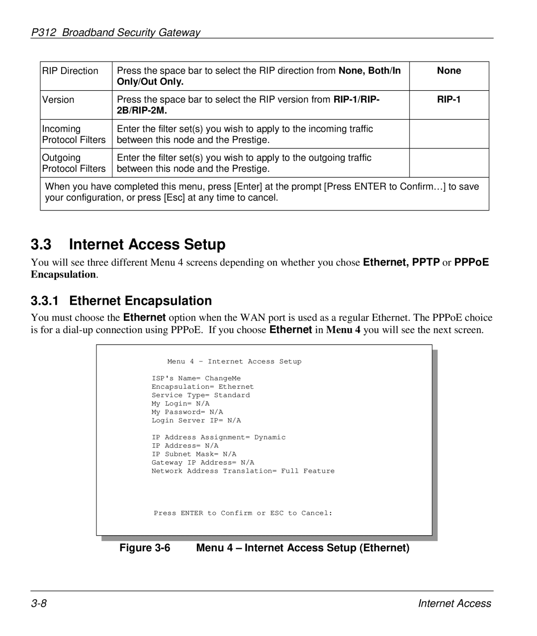 ZyXEL Communications P-312 manual Internet Access Setup, Ethernet Encapsulation, Only/Out Only, RIP-1 