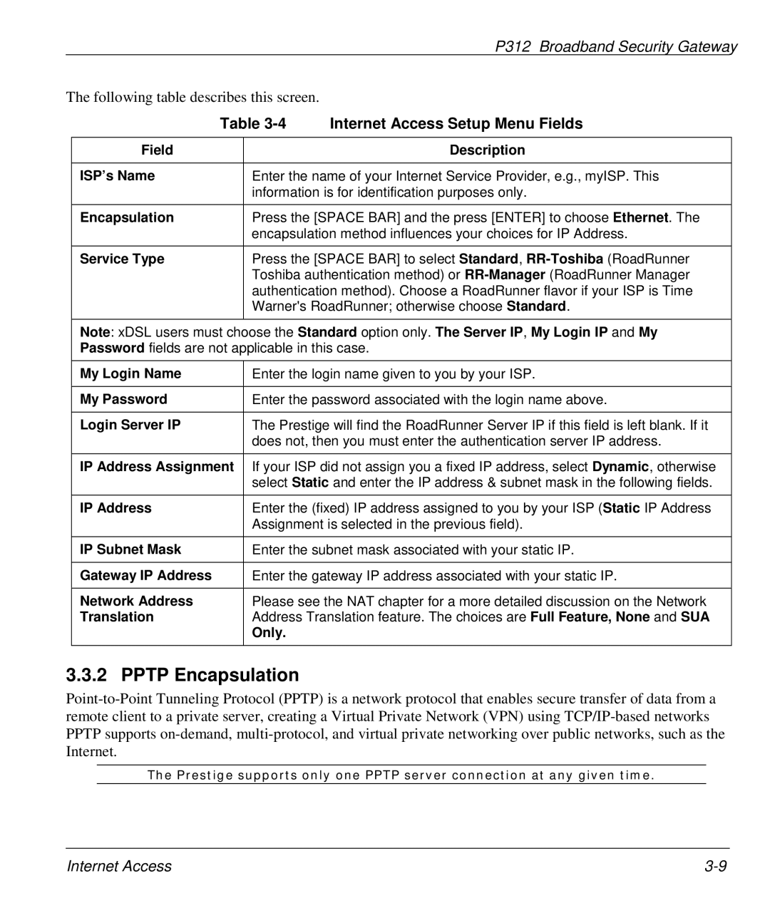 ZyXEL Communications P-312 manual Pptp Encapsulation, Internet Access Setup Menu Fields 