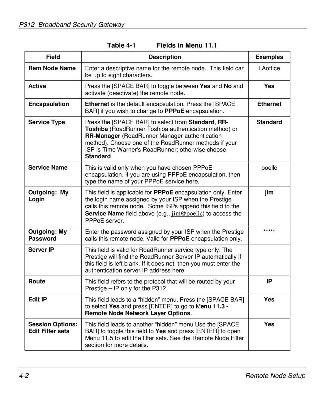 ZyXEL Communications P-312 manual Fields in Menu 