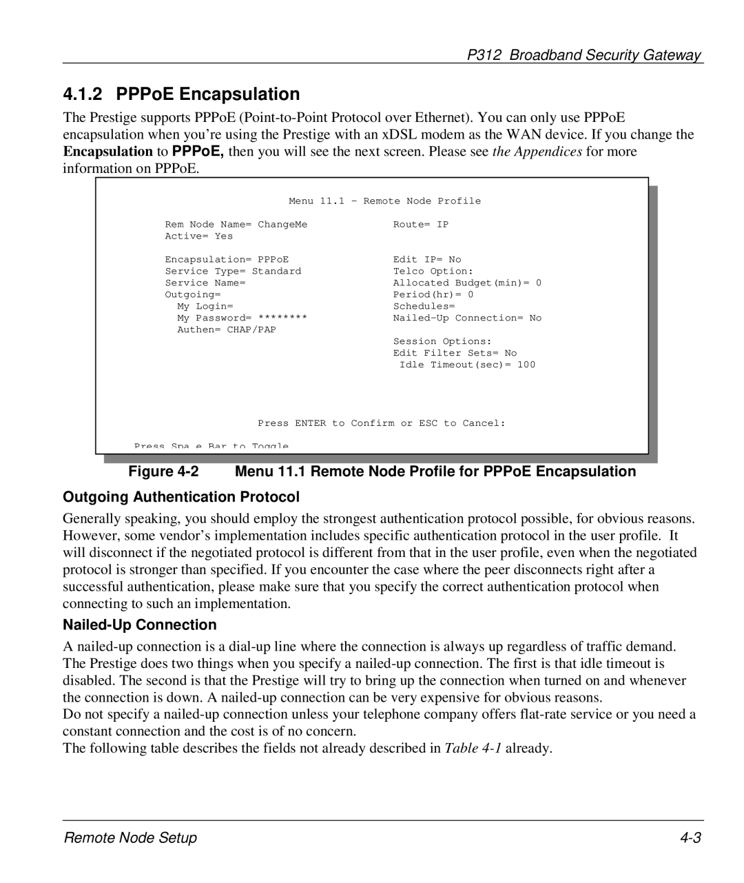 ZyXEL Communications P-312 manual PPPoE Encapsulation, Nailed-Up Connection 