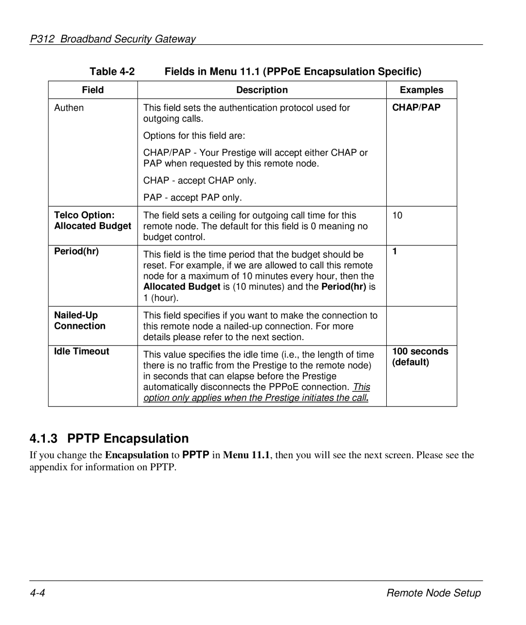 ZyXEL Communications P-312 manual Fields in Menu 11.1 PPPoE Encapsulation Specific 