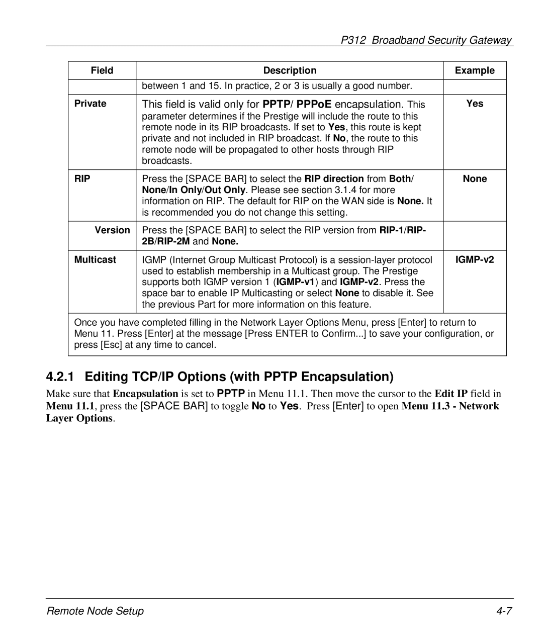 ZyXEL Communications P-312 Editing TCP/IP Options with Pptp Encapsulation, Private, Version, 2B/RIP-2M and None Multicast 