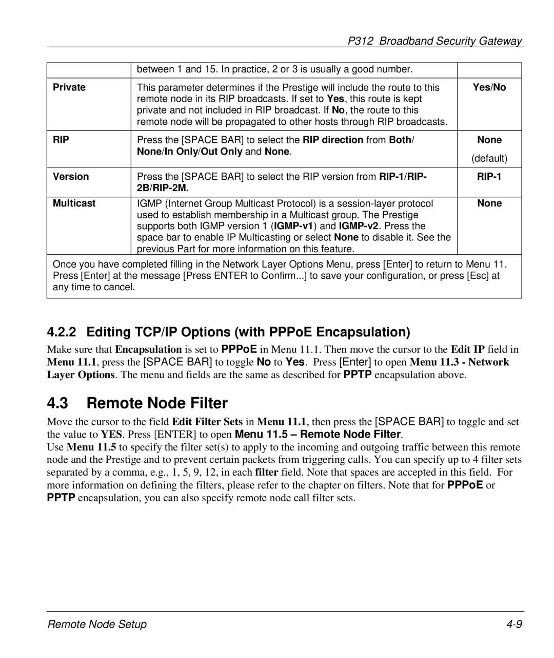 ZyXEL Communications P-312 manual Remote Node Filter, Editing TCP/IP Options with PPPoE Encapsulation, Yes/No 