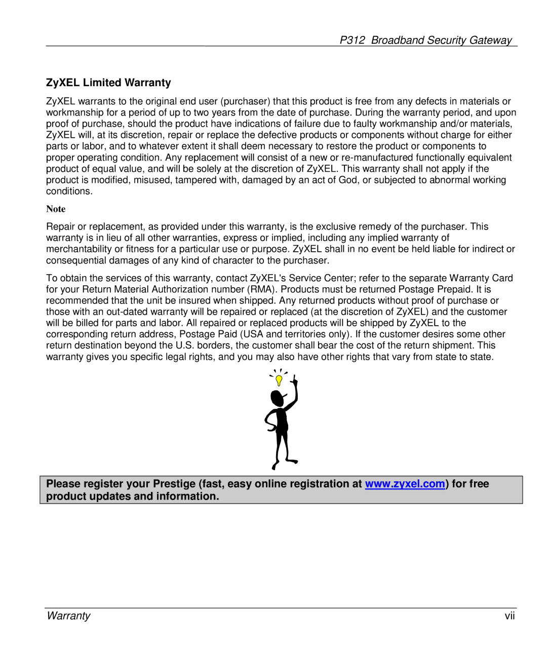 ZyXEL Communications P-312 manual ZyXEL Limited Warranty 