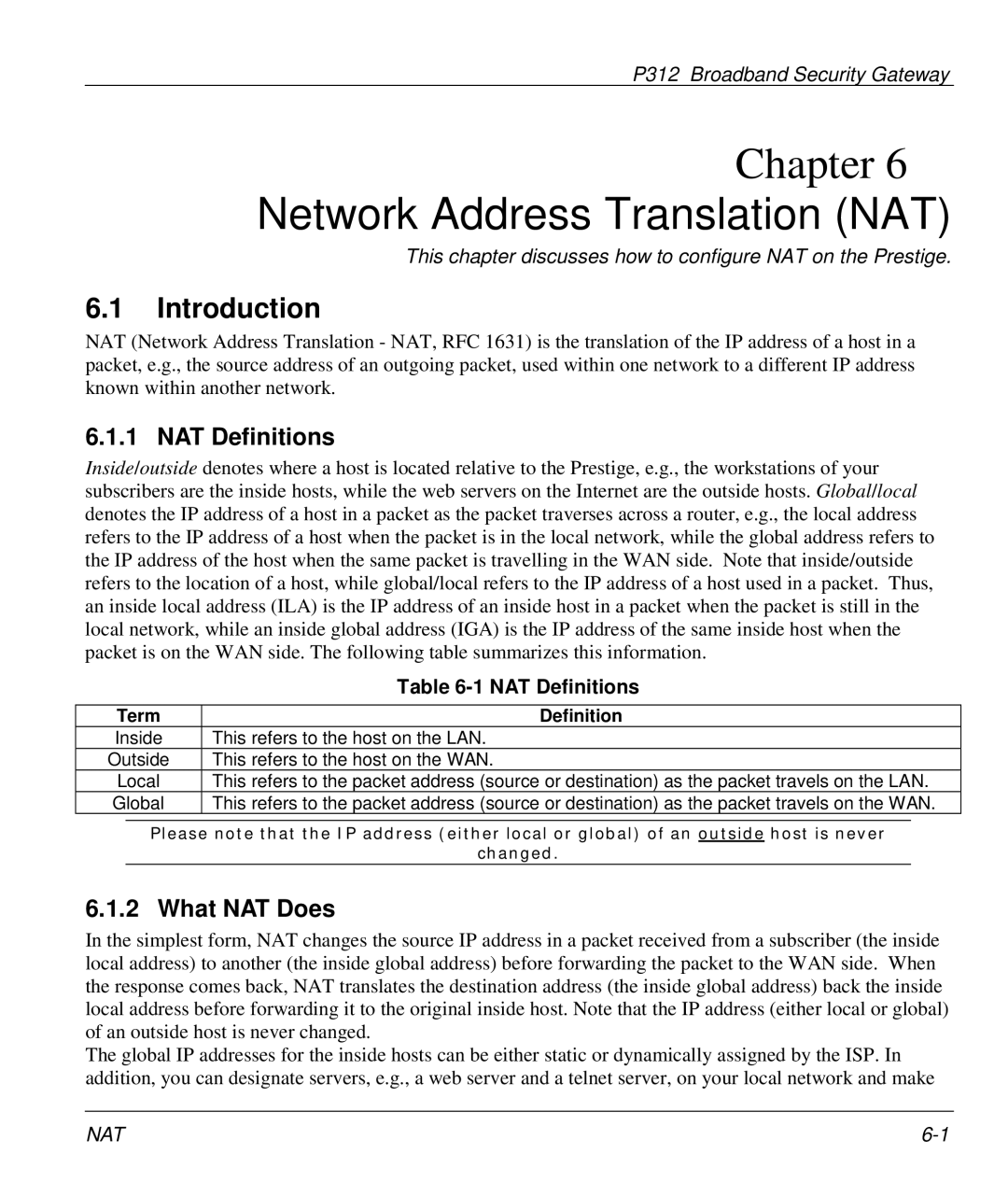 ZyXEL Communications P-312 manual Network Address Translation NAT, Introduction, NAT Definitions, What NAT Does 