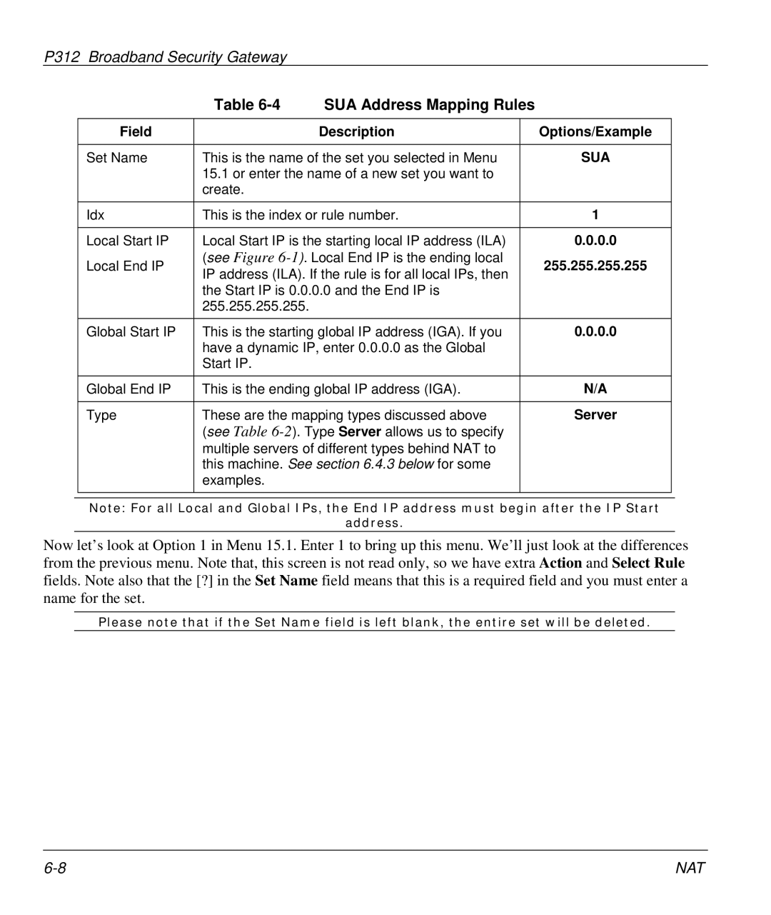 ZyXEL Communications P-312 manual Field Description Options/Example, Server 