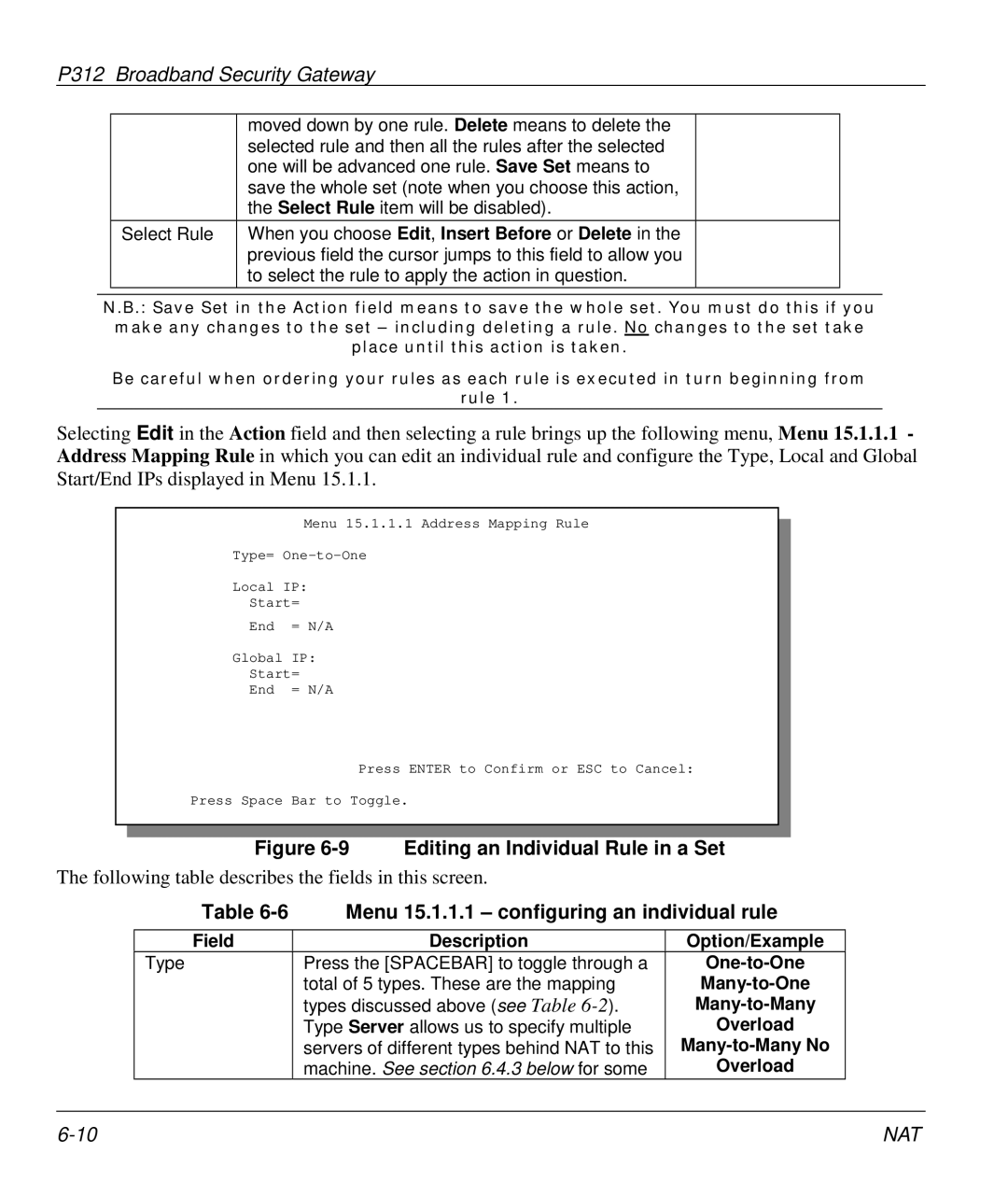 ZyXEL Communications P-312 manual Editing an Individual Rule in a Set, Menu 15.1.1.1 configuring an individual rule 