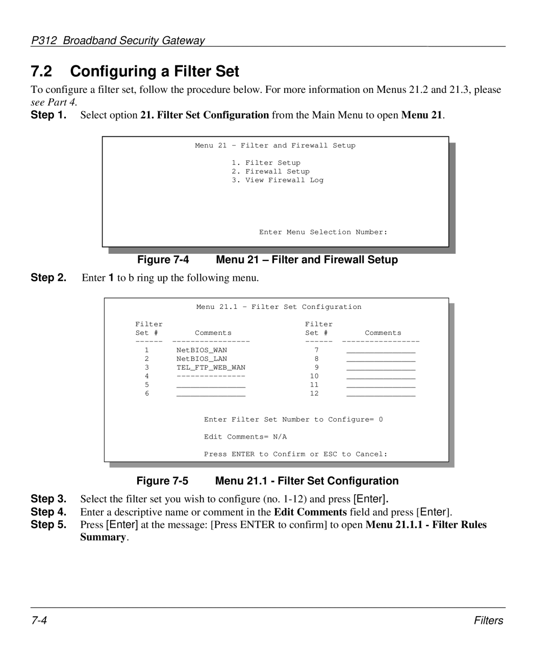 ZyXEL Communications P-312 manual Configuring a Filter Set, Menu 21 Filter and Firewall Setup 