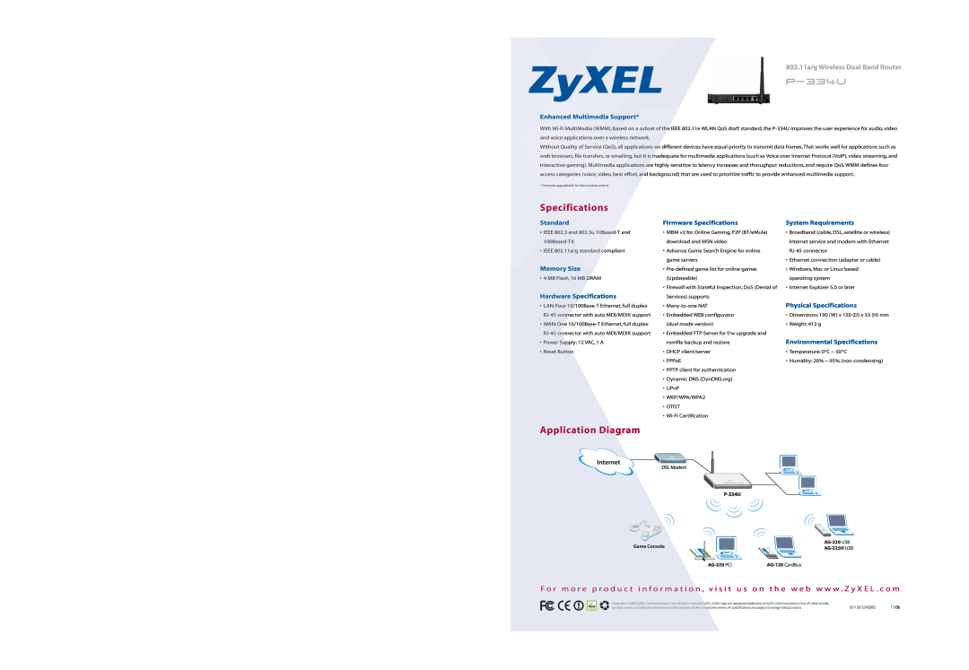 ZyXEL Communications P-334U Specifications, Application Diagram, Enhanced Multimedia Support, Standard, Memory Size 