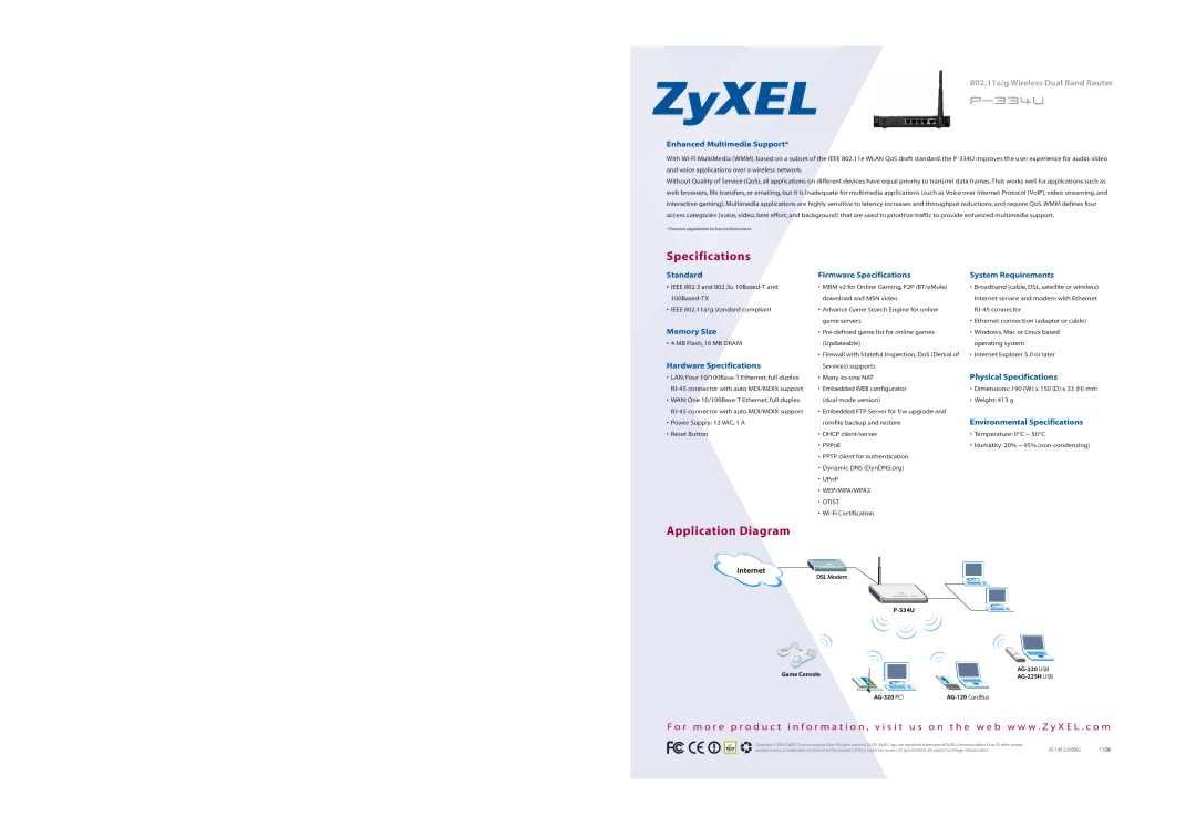 ZyXEL Communications P-334U specifications Specifications, Application Diagram 