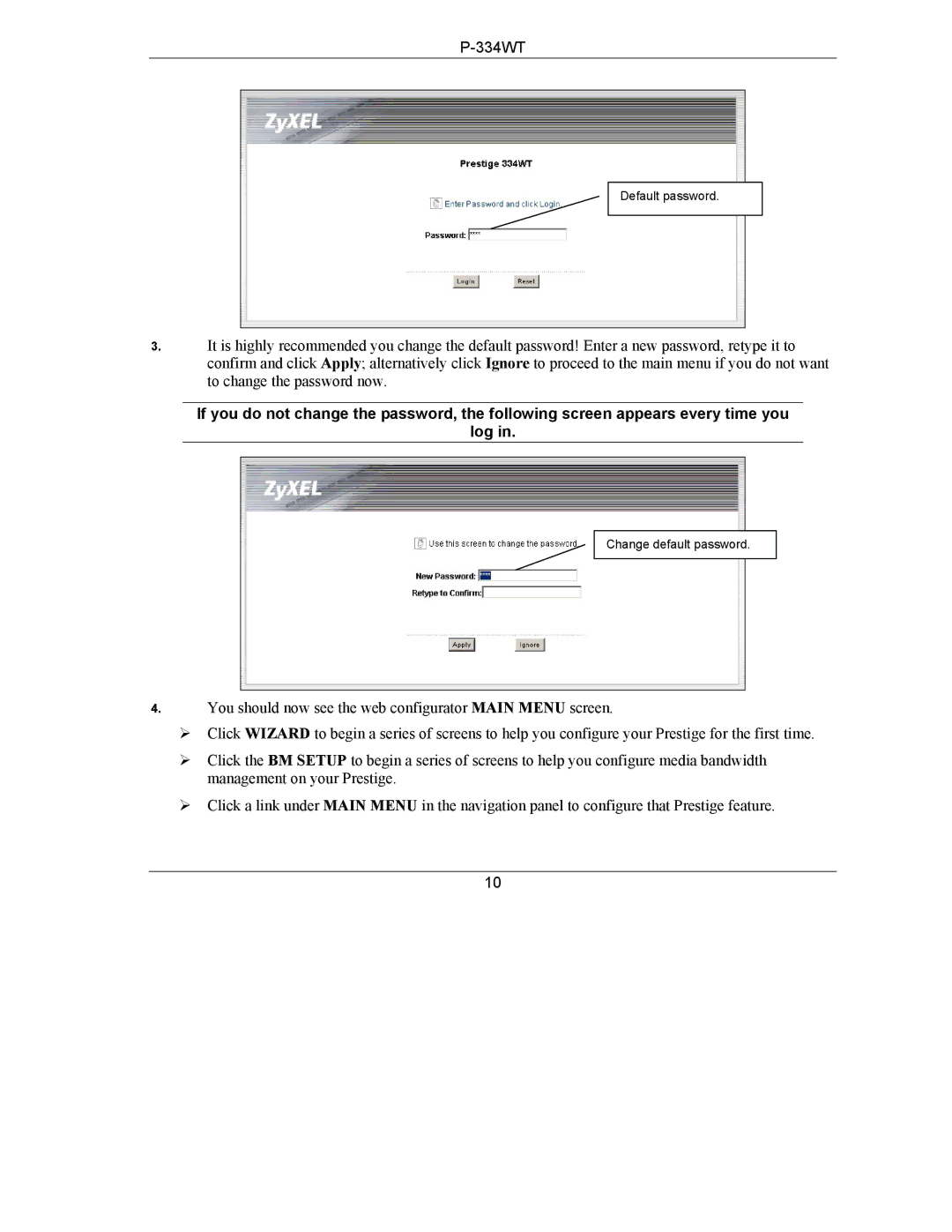 ZyXEL Communications P-334WT quick start Default password 