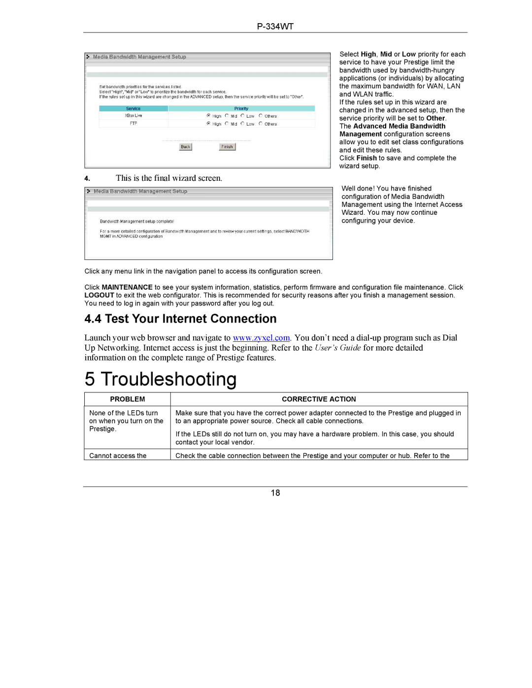 ZyXEL Communications P-334WT quick start Troubleshooting, Test Your Internet Connection, Problem Corrective Action 