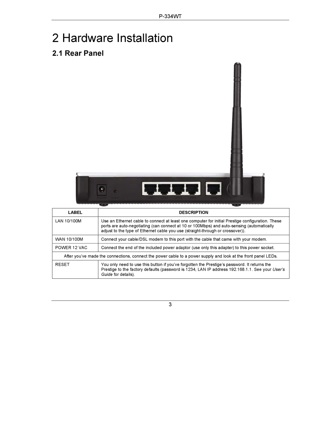 ZyXEL Communications P-334WT quick start Hardware Installation, Rear Panel, Label Description 