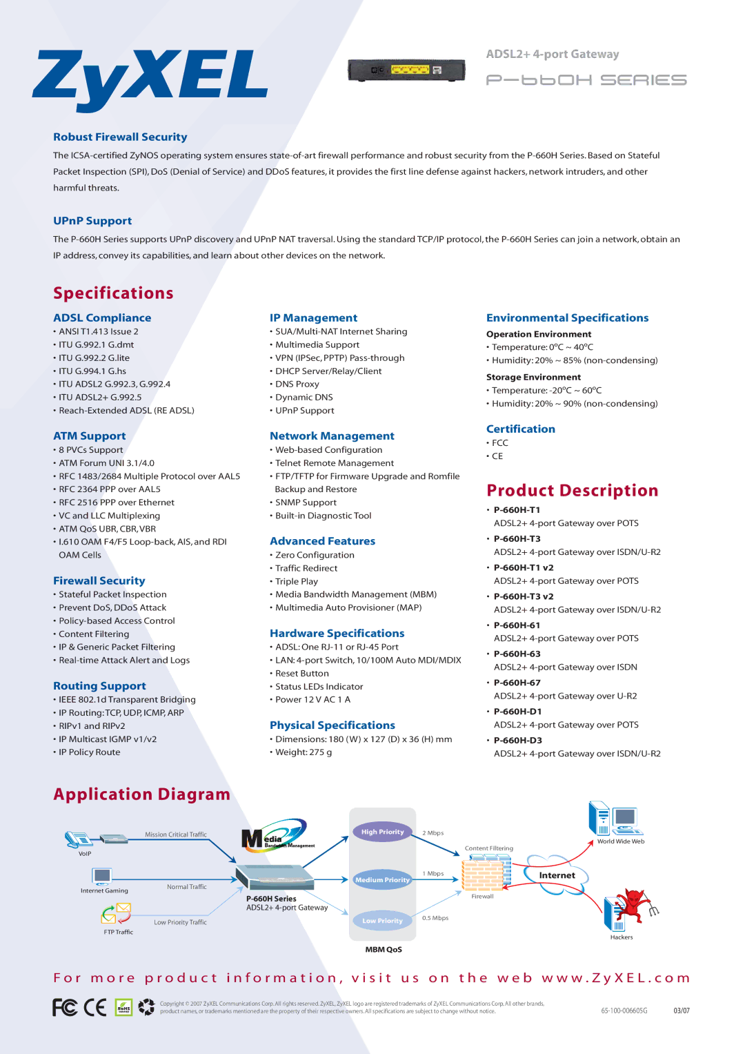 ZyXEL Communications P-660H Series manual Specifications, Product Description, Application Diagram 