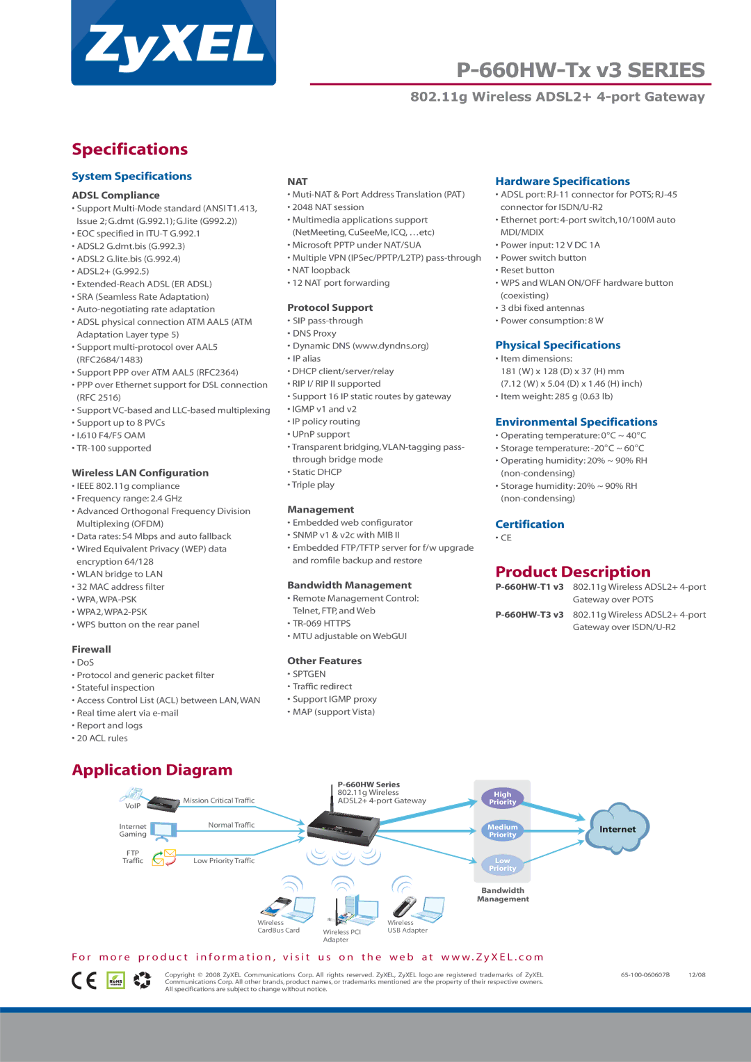 ZyXEL Communications P-660HW-Tx v3 Series, 65-100-060607B manual Product Description, Application Diagram 