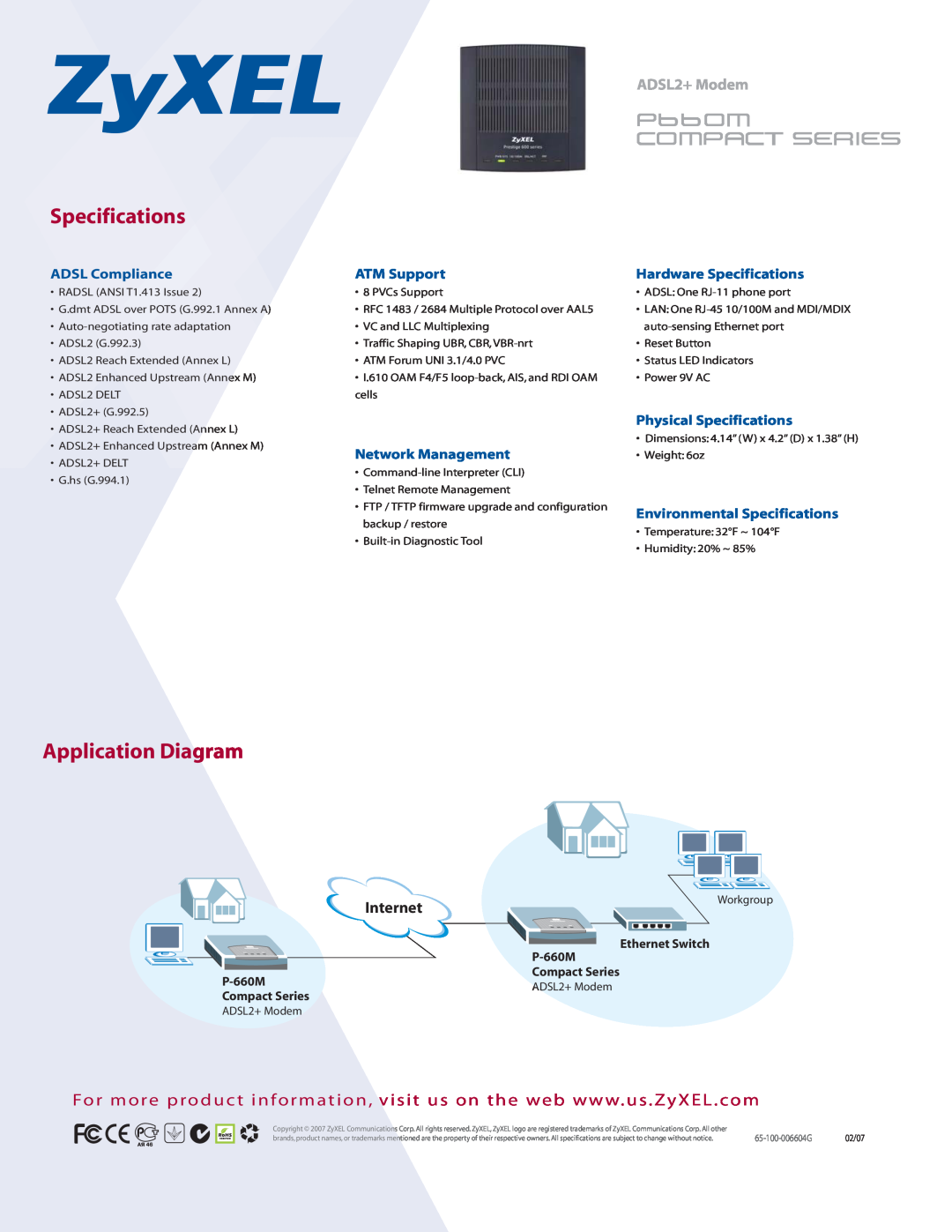 ZyXEL Communications P-660M manual Application Diagram, ADSL Compliance, ATM Support, Hardware Specifications, Internet 