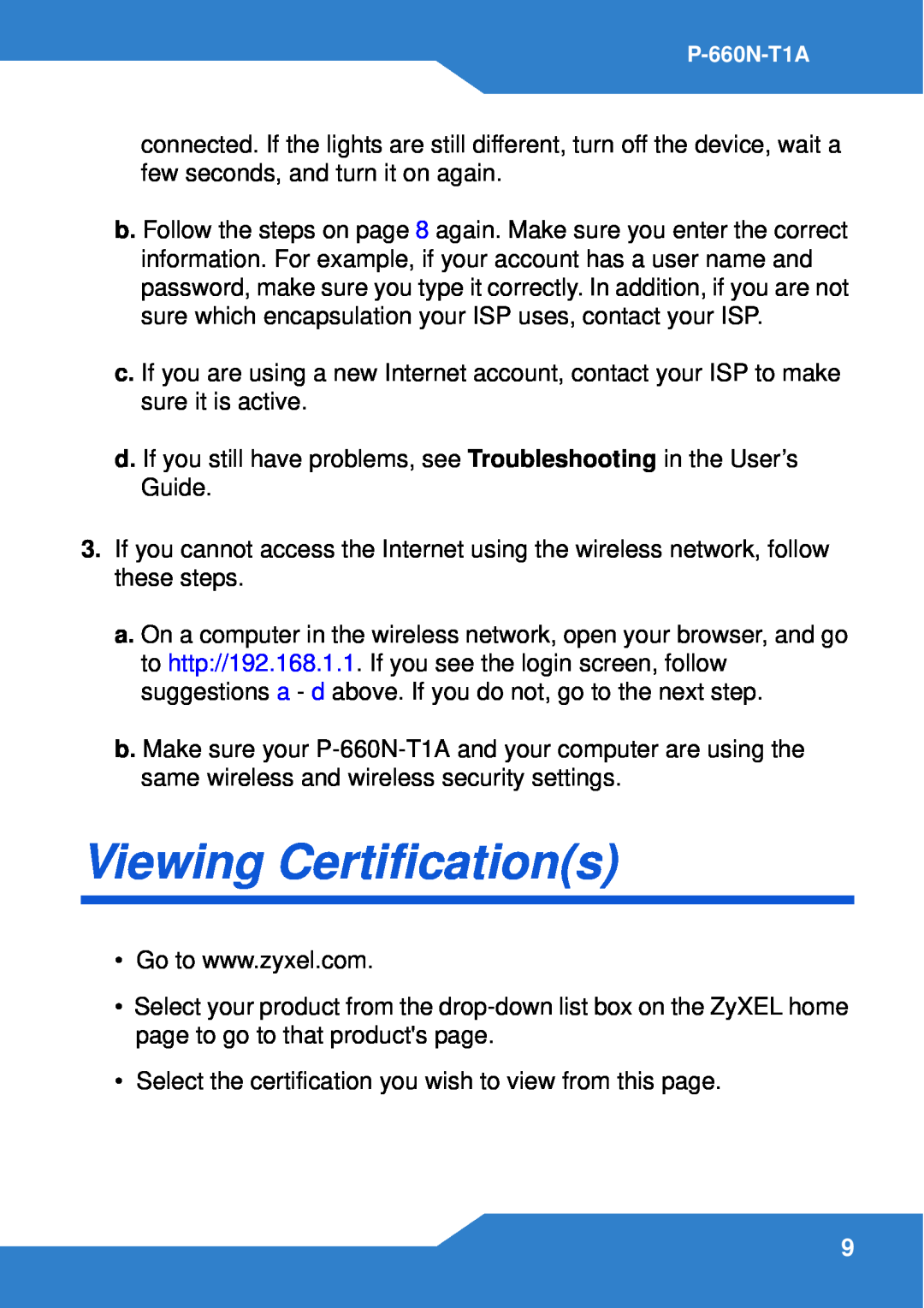ZyXEL Communications P-660N-T1A manual Viewing Certifications 
