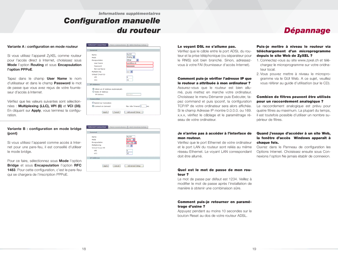 ZyXEL Communications P-660R(-I) Variante a conﬁguration en mode routeur, Variante B conﬁguration en mode bridge pont 