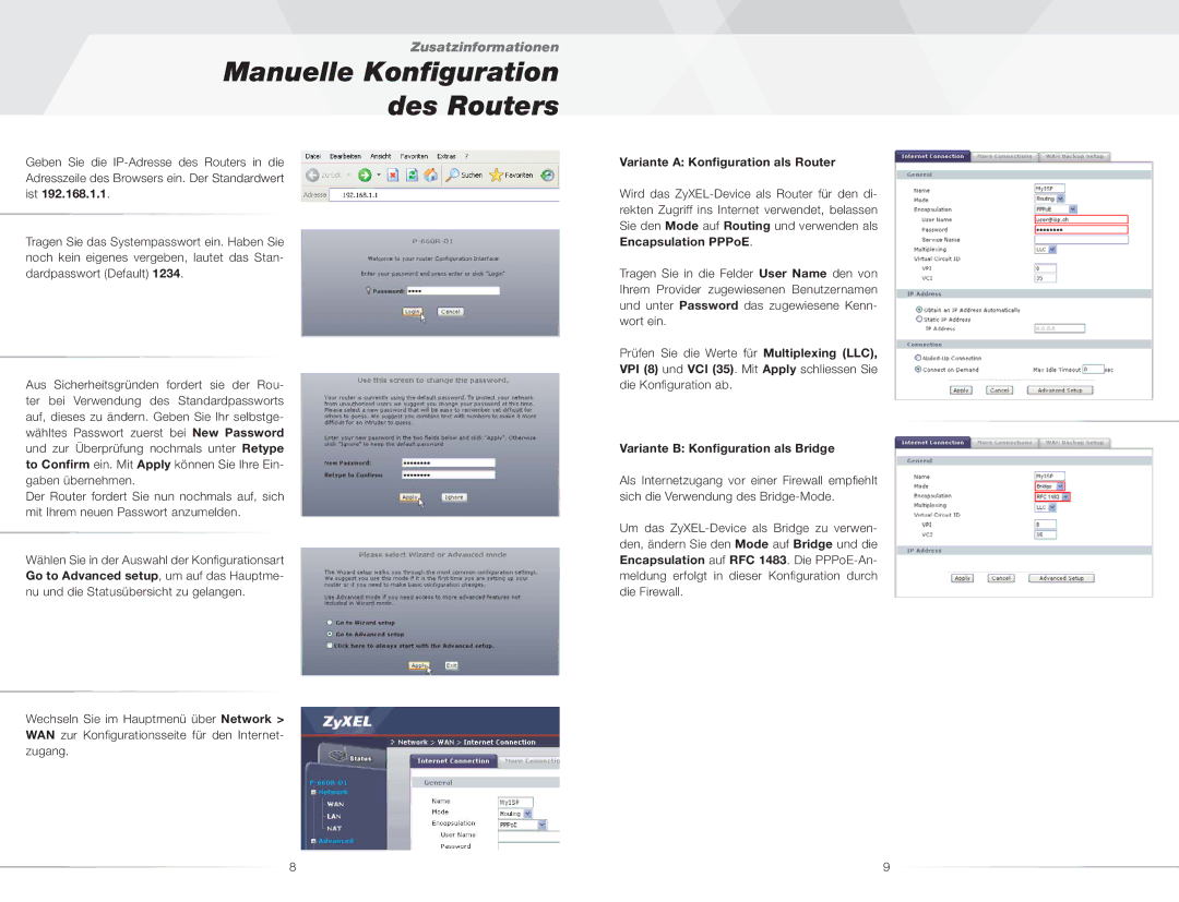 ZyXEL Communications P-660R(-I) Manuelle Konﬁguration des Routers, Variante a Konﬁguration als Router, Encapsulation PPPoE 