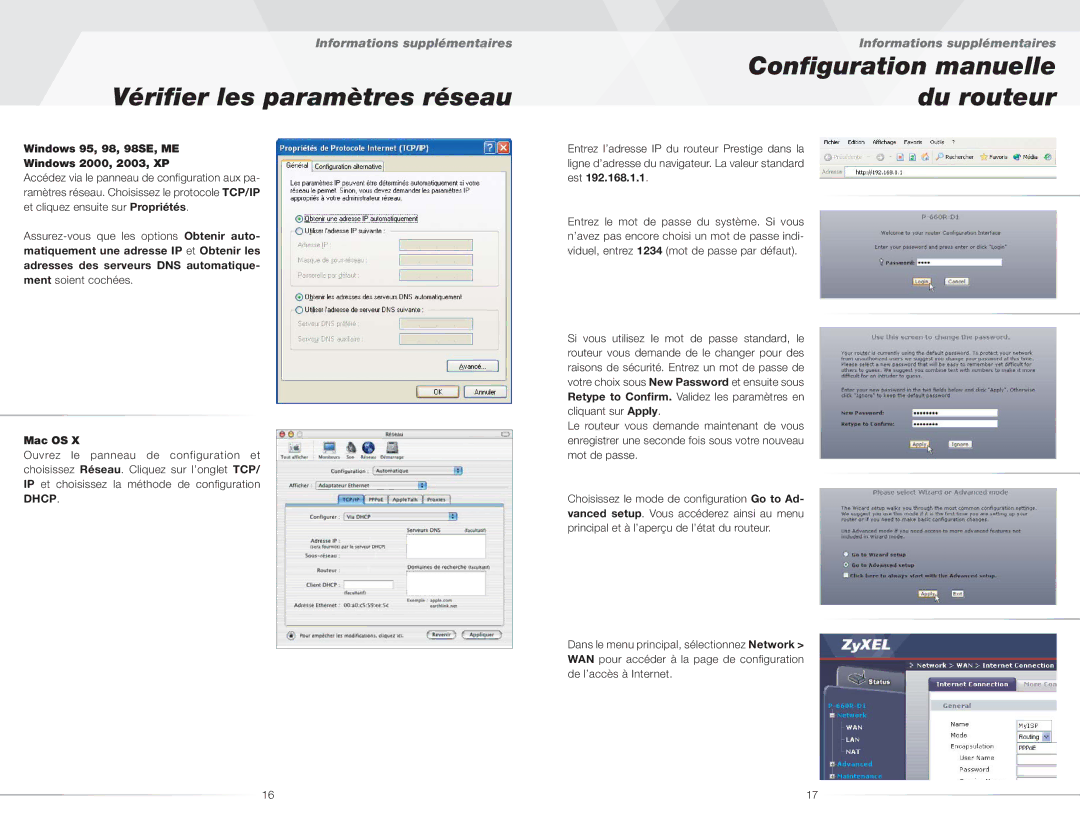 ZyXEL Communications P-660R(-I) quick start Vériﬁer les paramètres réseau, Conﬁguration manuelle du routeur 