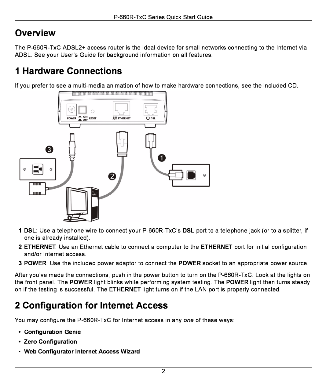 ZyXEL Communications P-660R-T1 v2 quick start Overview, Hardware Connections, Configuration for Internet Access 