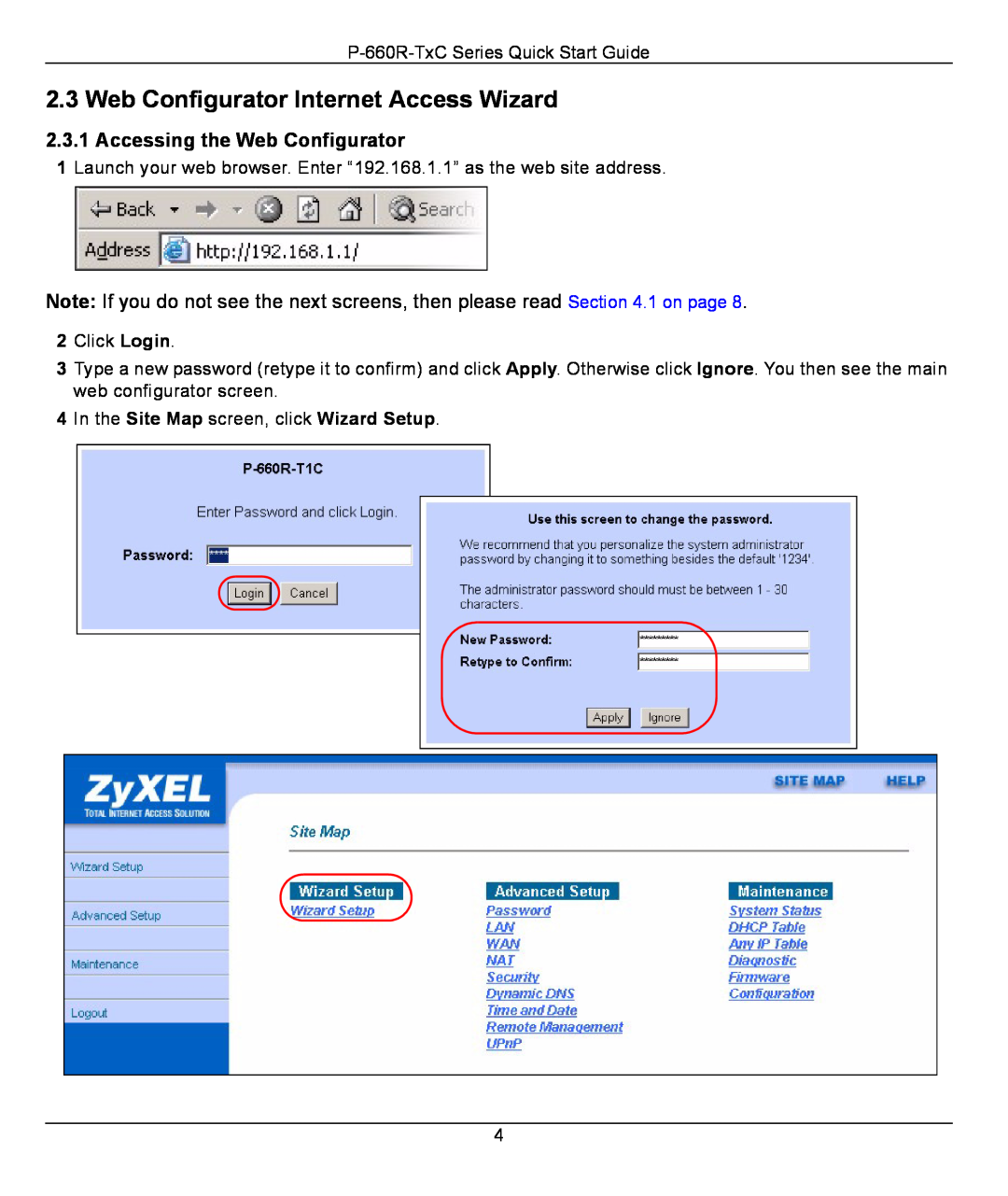 ZyXEL Communications P-660R-T1 v2 quick start Web Configurator Internet Access Wizard, Accessing the Web Configurator 