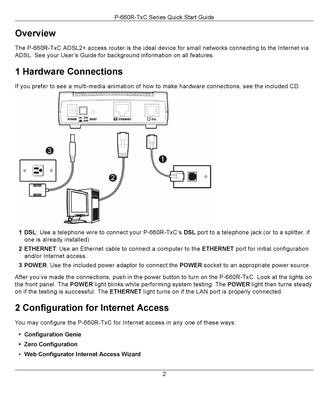 ZyXEL Communications P-660R-T1 v2 quick start Overview, Hardware Connections, Configuration for Internet Access 