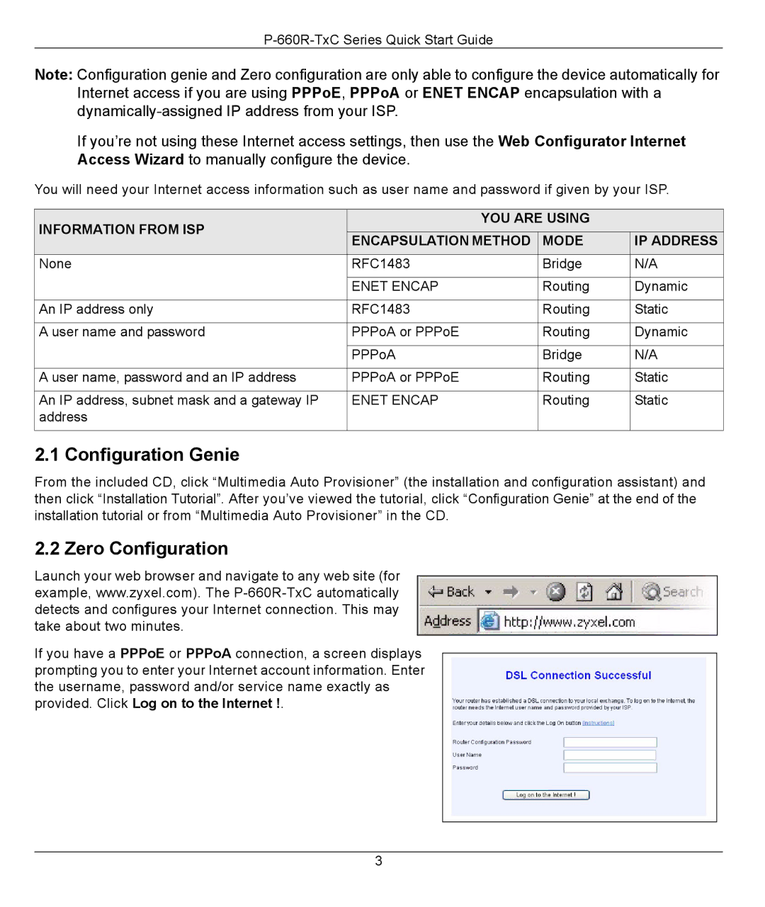 ZyXEL Communications P-660R-T1 v2 quick start Configuration Genie, Zero Configuration 