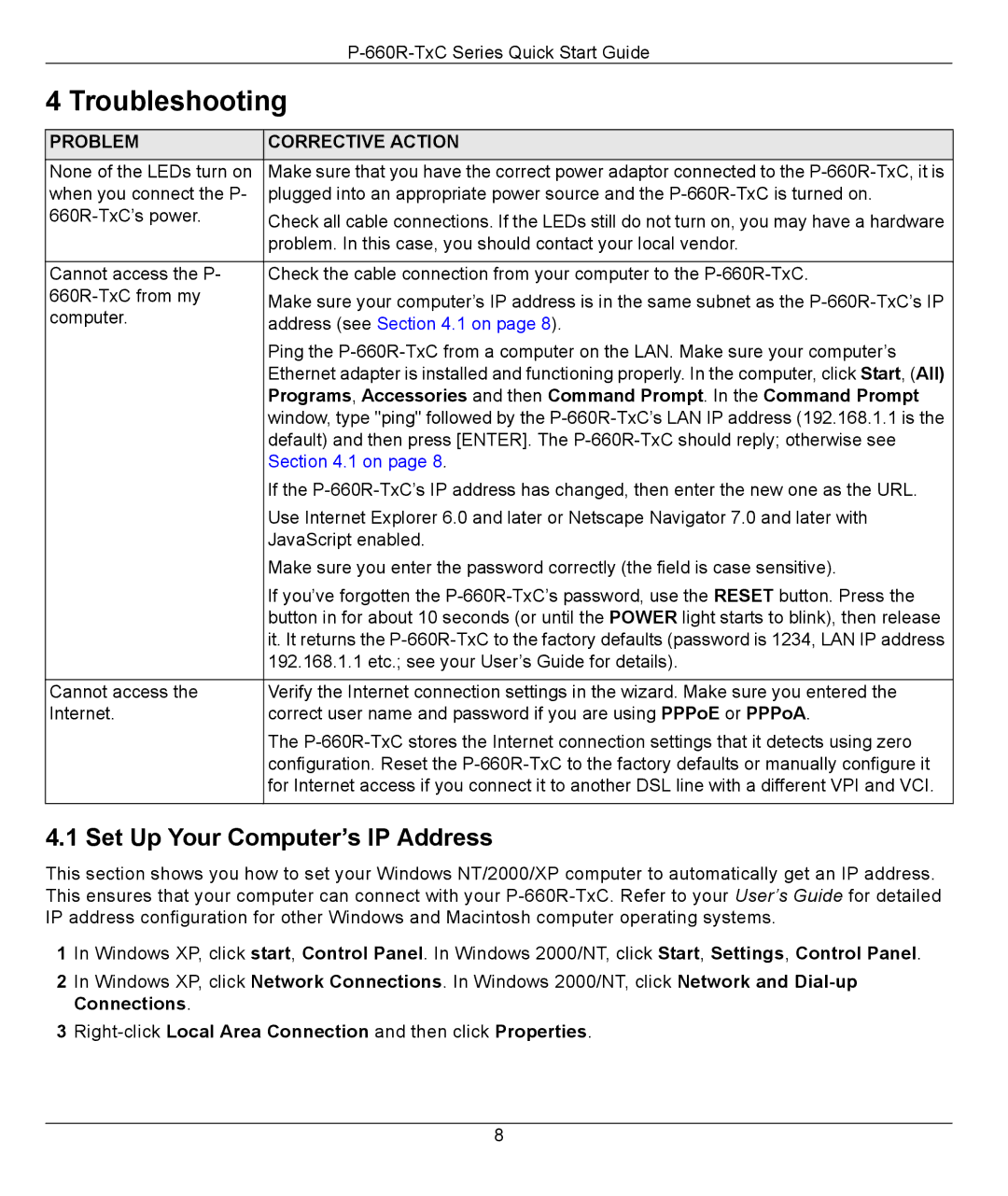 ZyXEL Communications P-660R-T1 v2 quick start Troubleshooting, Set Up Your Computer’s IP Address 