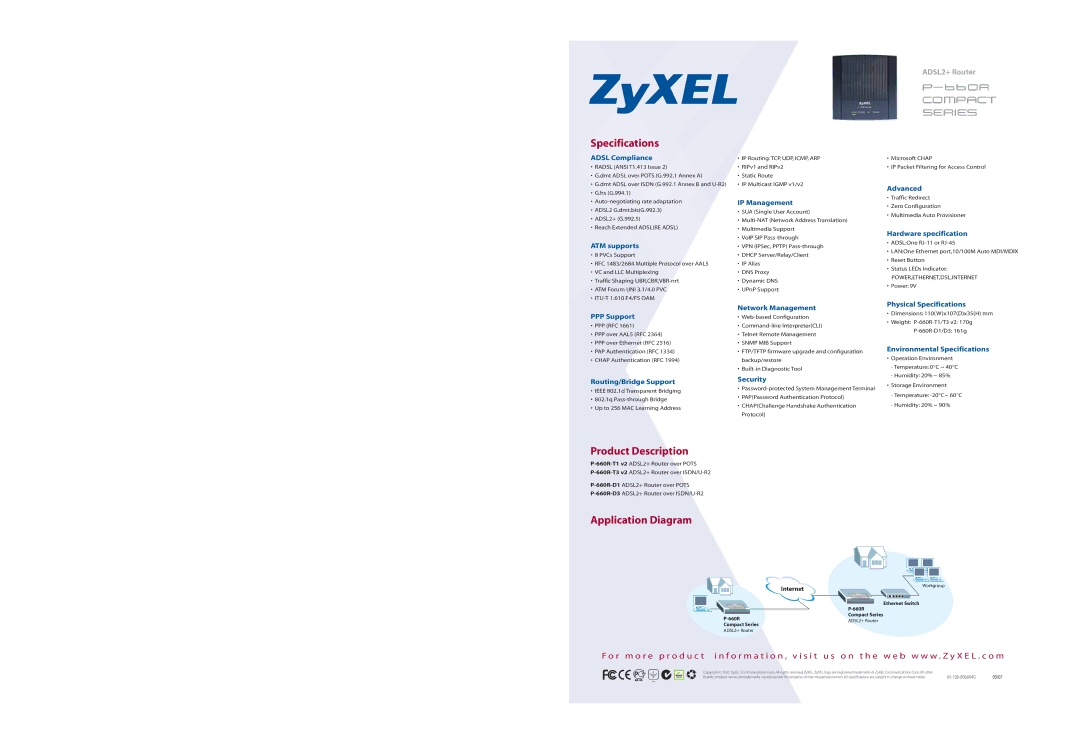 ZyXEL Communications P-660R specifications Specifications, Product Description, Application Diagram 