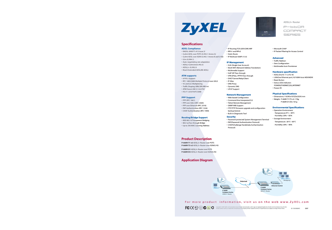 ZyXEL Communications P-660R Specifications, Product Description, Application Diagram, ADSL2+ Router, p-660r compact series 