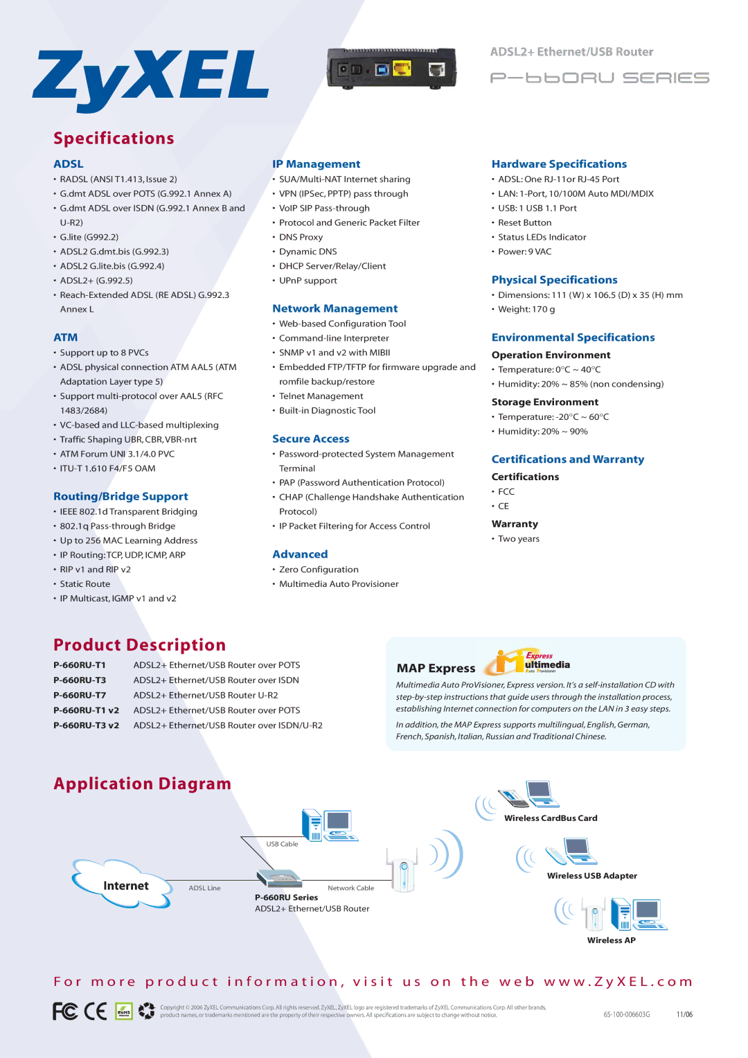 ZyXEL Communications P-660RU Series manual Specifications, Product Description, Application Diagram 