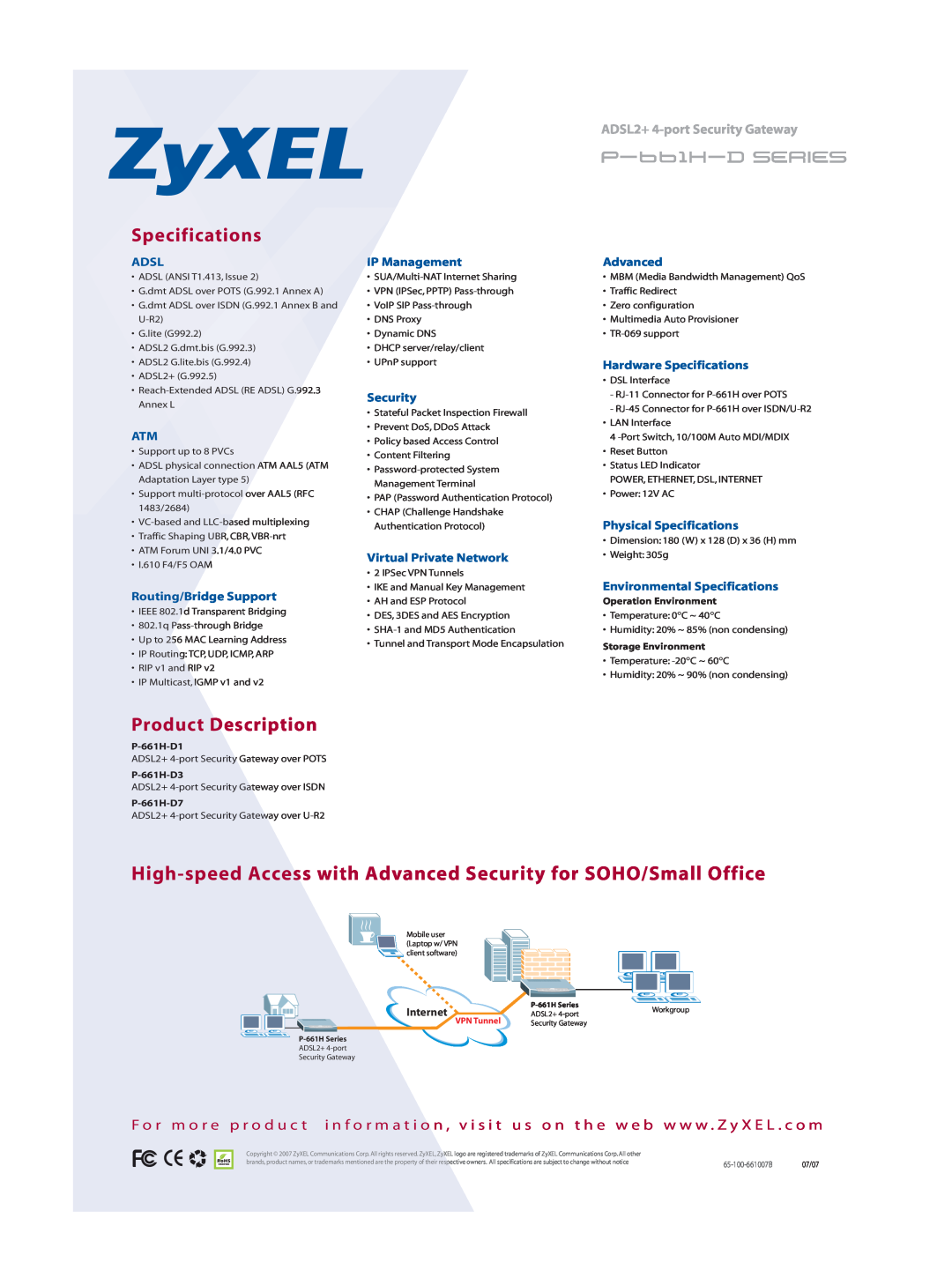 ZyXEL Communications P-661H-D manual Specifications, Product Description, ADSL2+ 4-port Security Gateway, p-661h-d series 