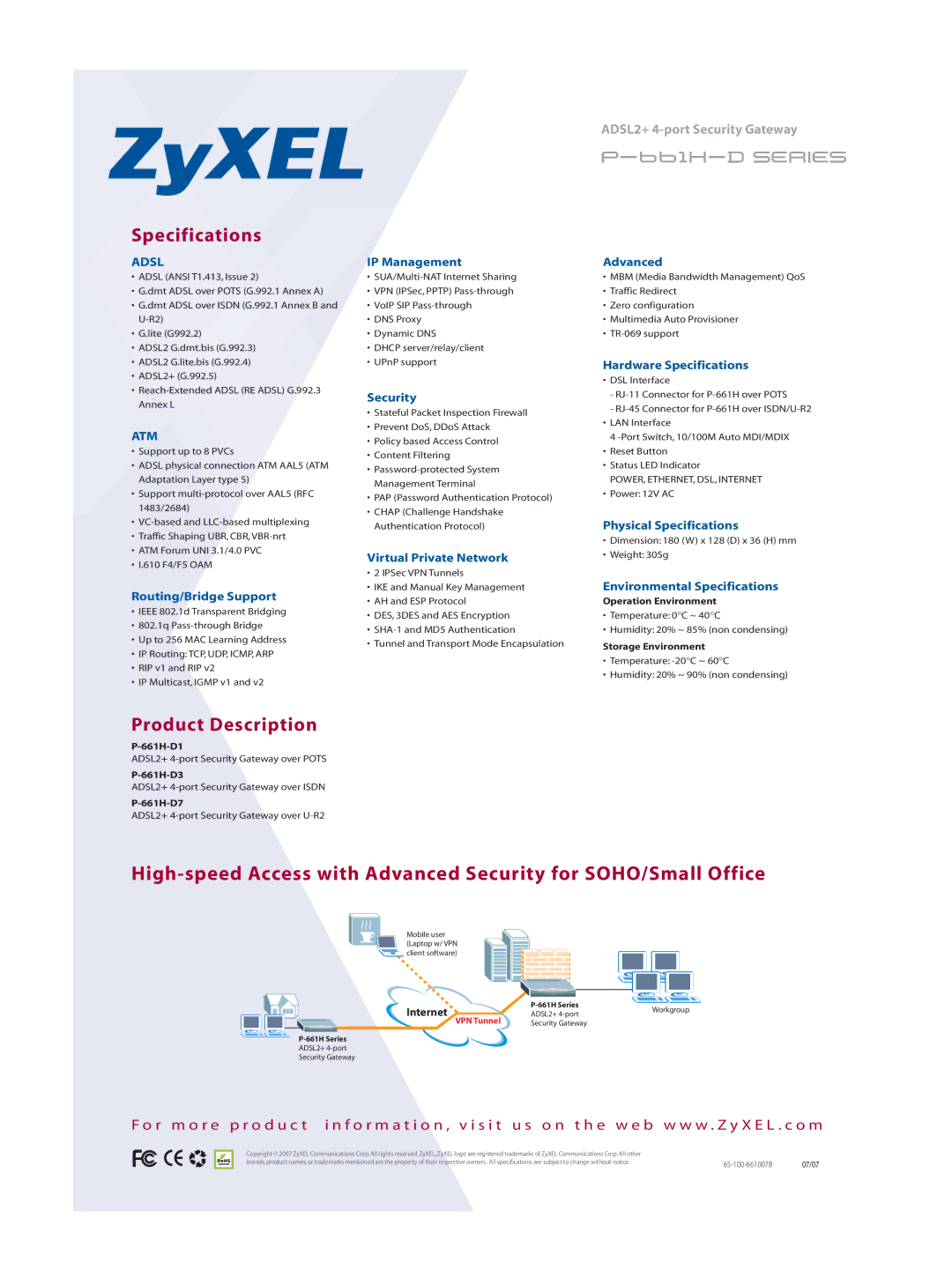 ZyXEL Communications P-661H-D manual Specifications, Product Description, Adsl, Atm 