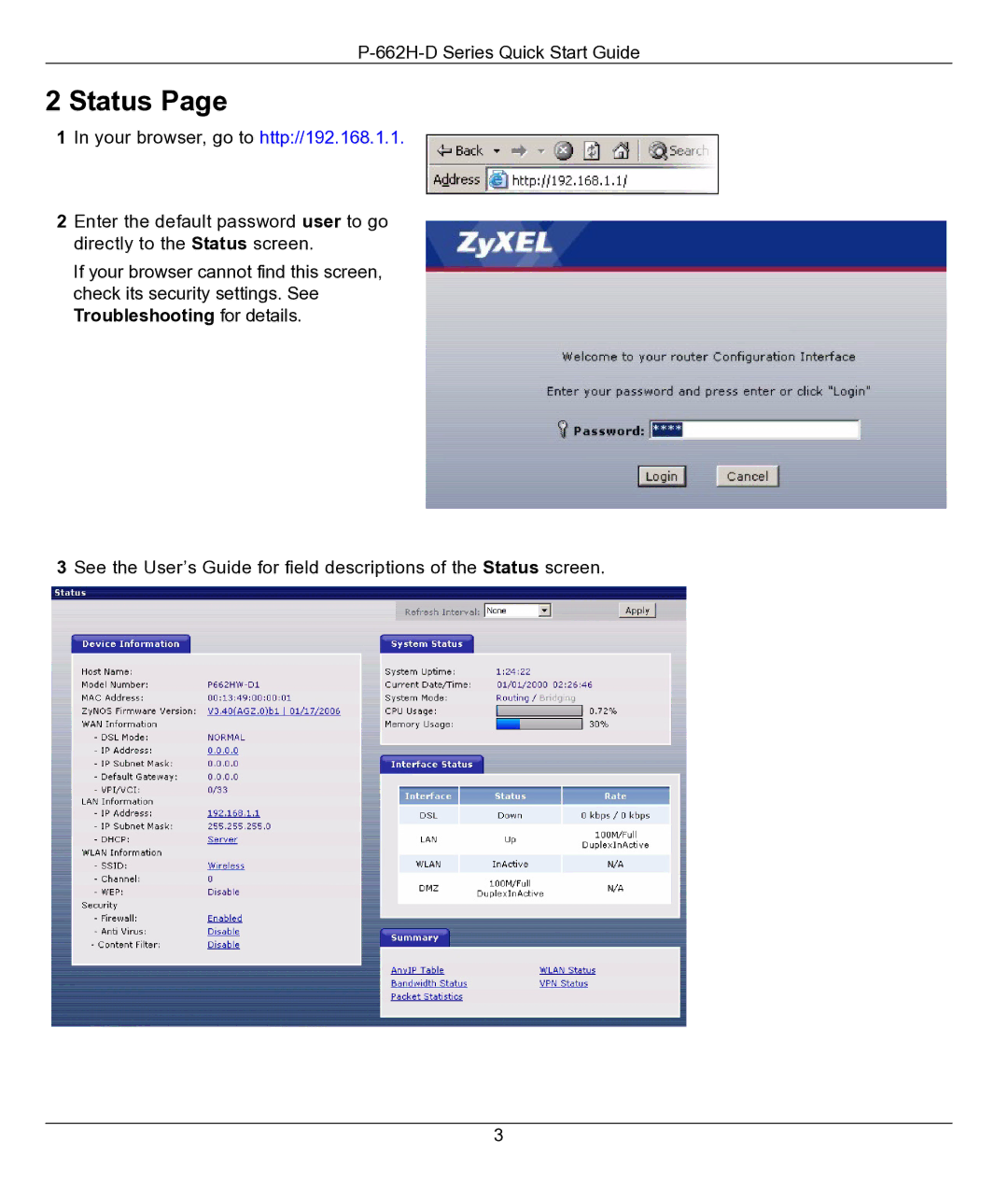 ZyXEL Communications P-662H-D quick start Status 