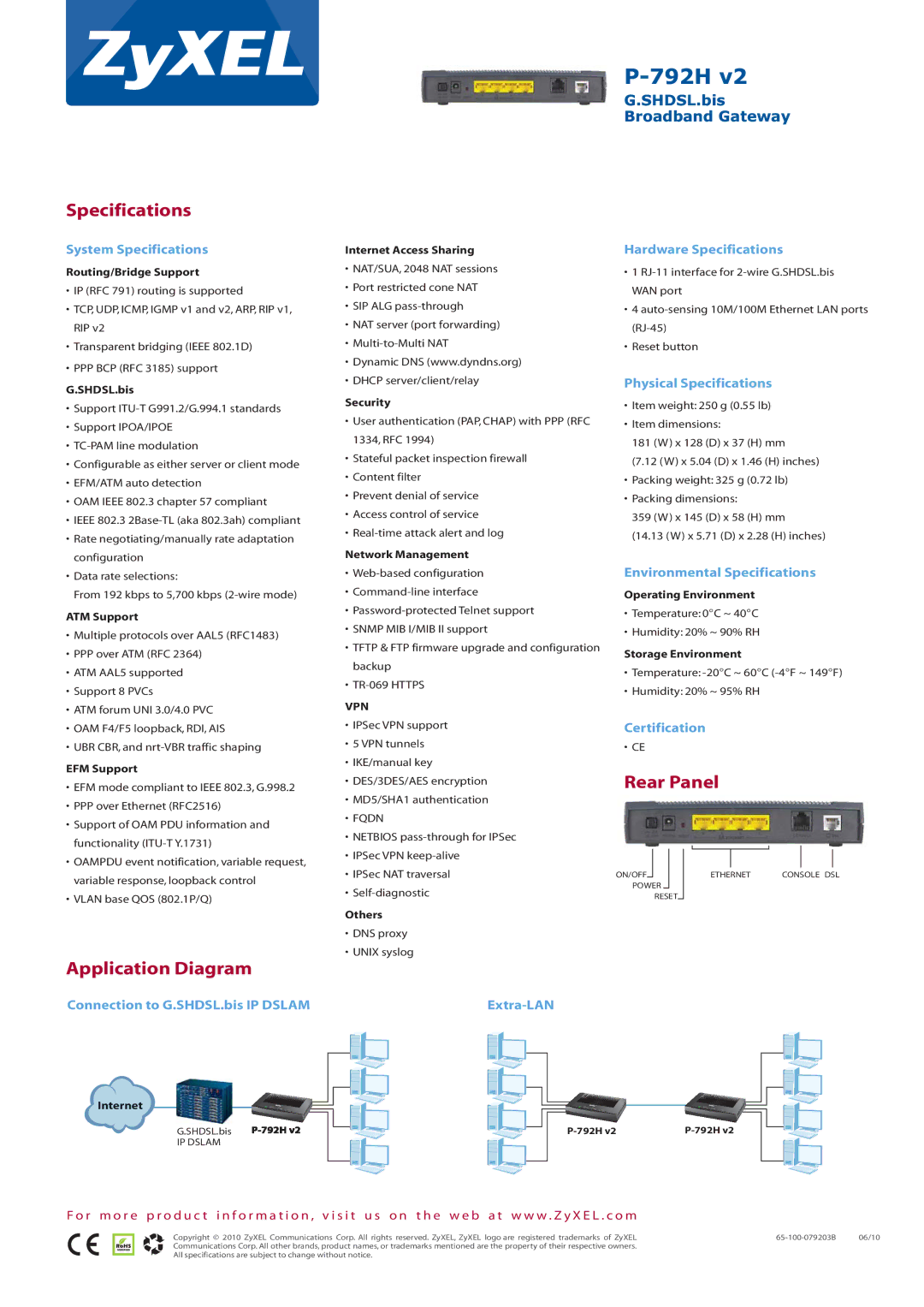 ZyXEL Communications P-792H v2 manual Specifications, Application Diagram, Rear Panel 