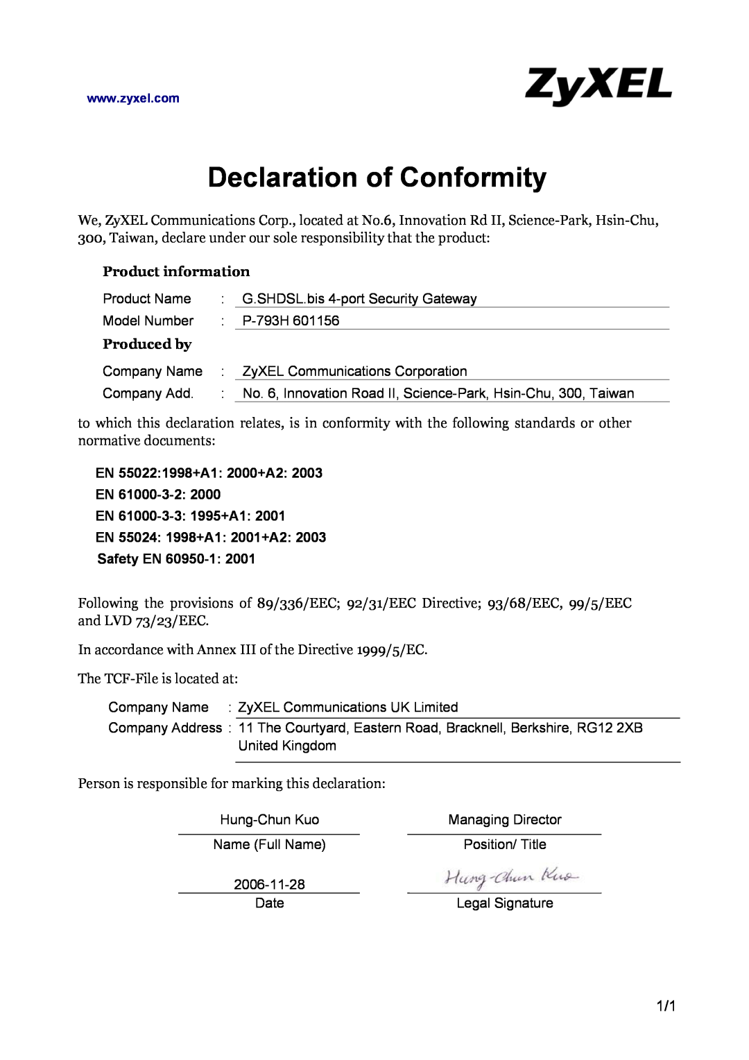 ZyXEL Communications P-793H 601156 manual Declaration of Conformity, Product information, Produced by 
