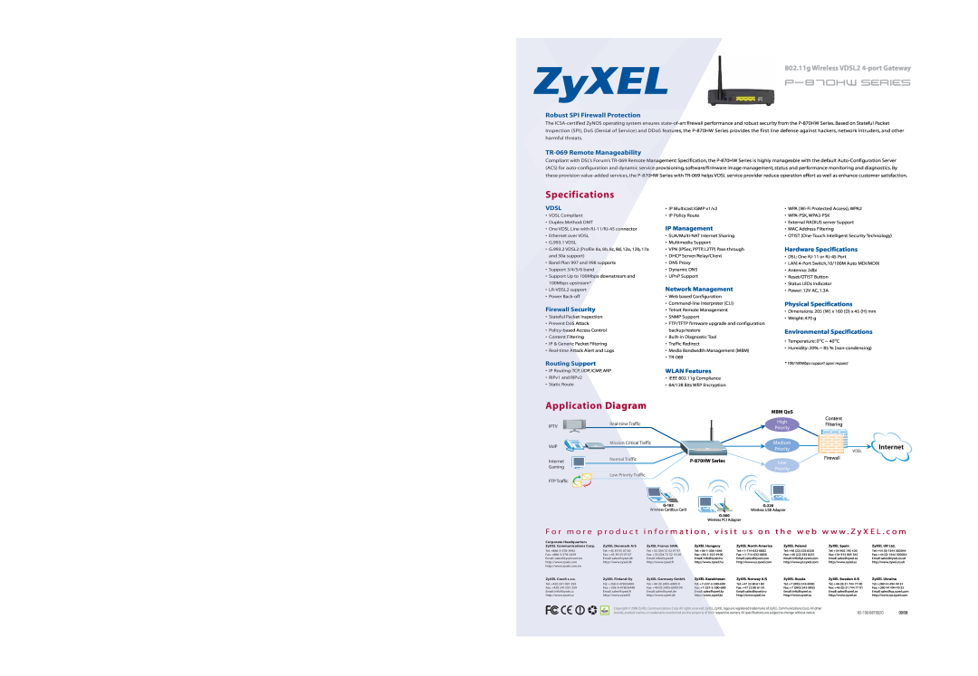 ZyXEL Communications P-870HW Series Specifications, Application Diagram, Robust SPI Firewall Protection, p-870hw series 
